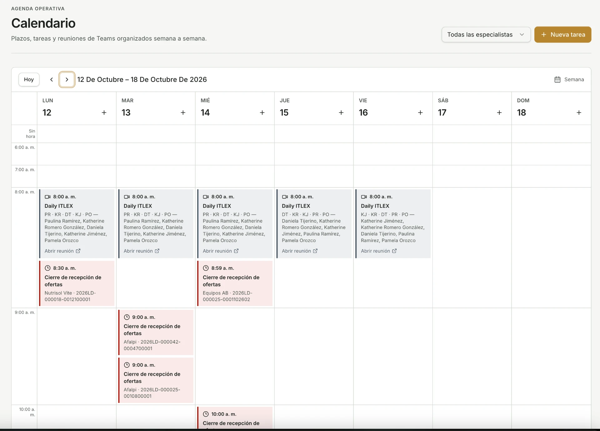Calendario semanal de ITLEX Core
